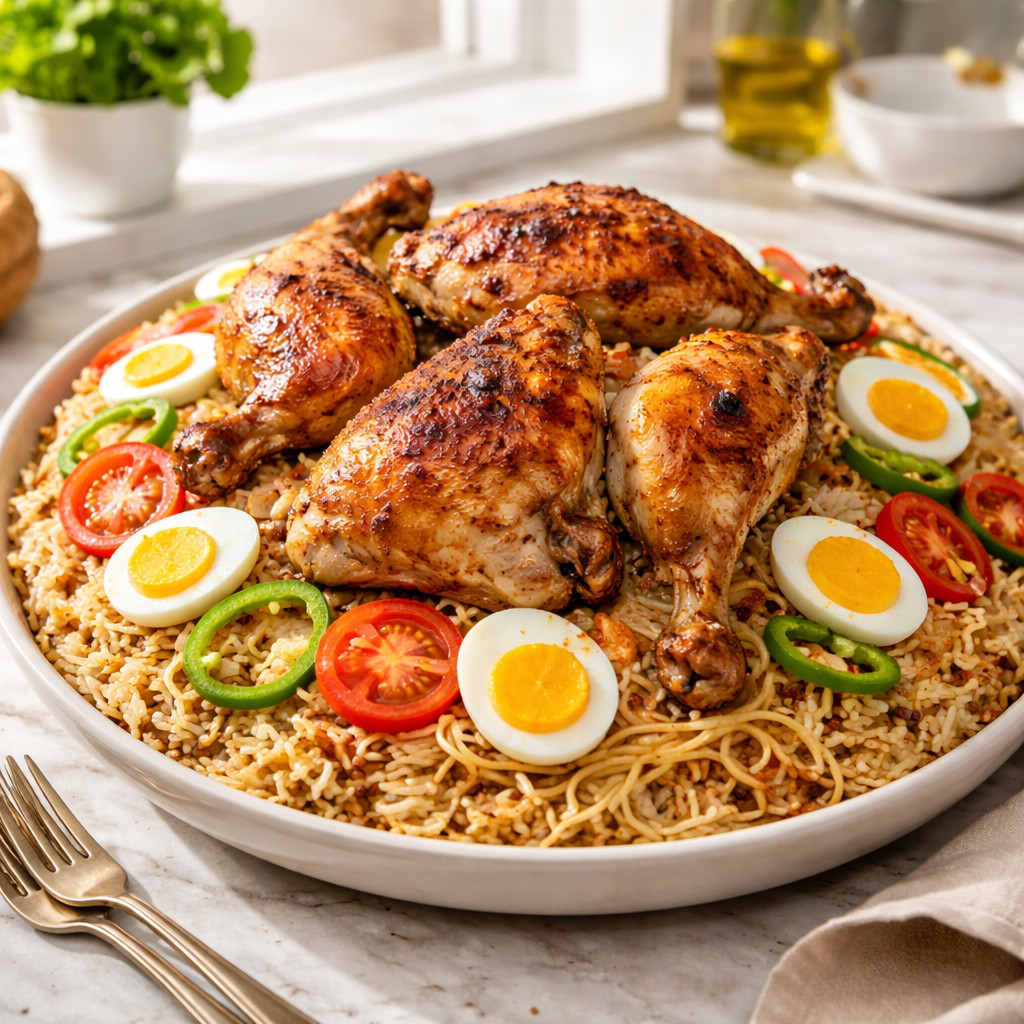 Kozi de poulet avec des pâtes et du riz