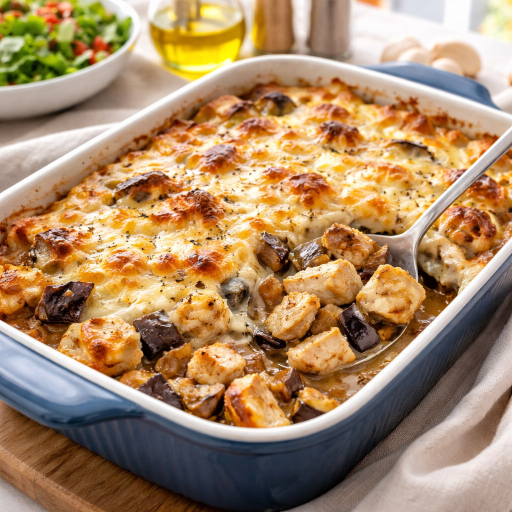 Plat de poulet et d'aubergine au béchamel
