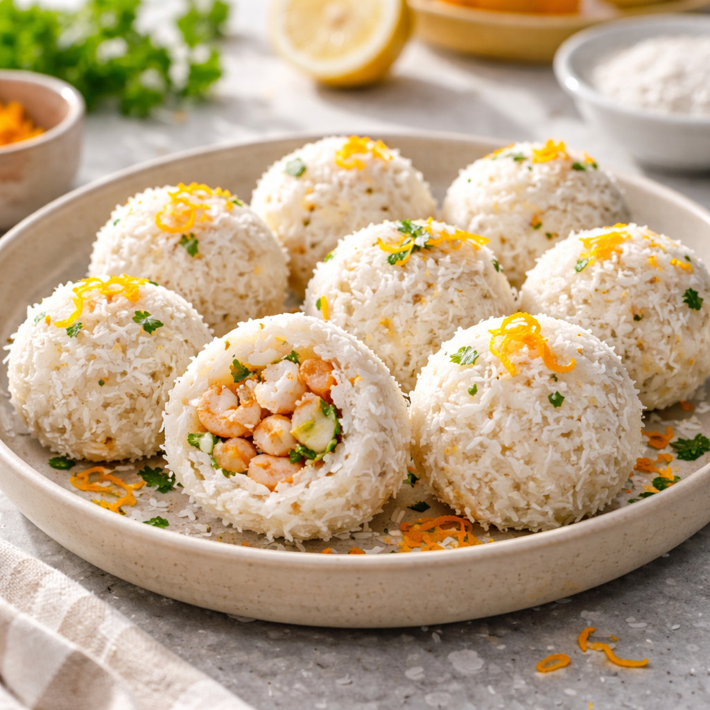 Boulettes de riz et noix de coco aux crevettes