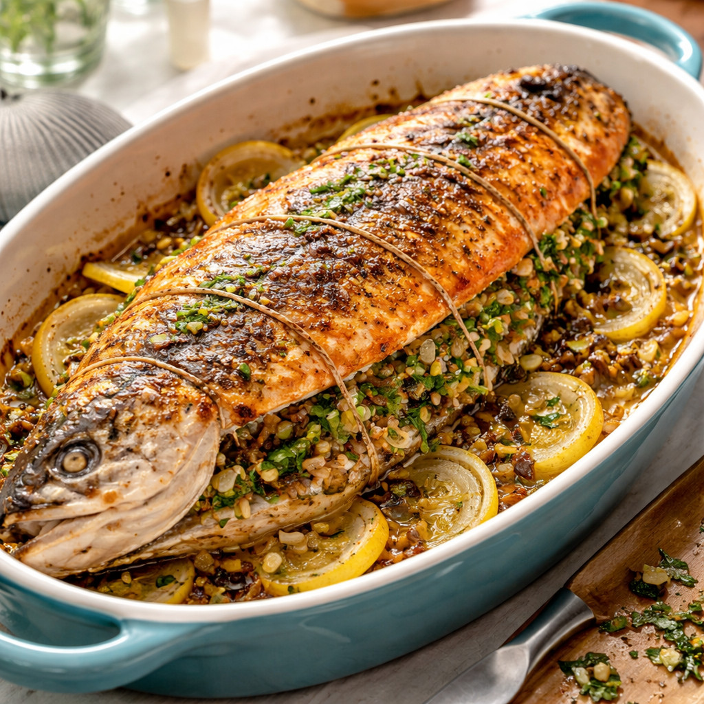 Saumon avec farce de poireaux et de riz sauvage