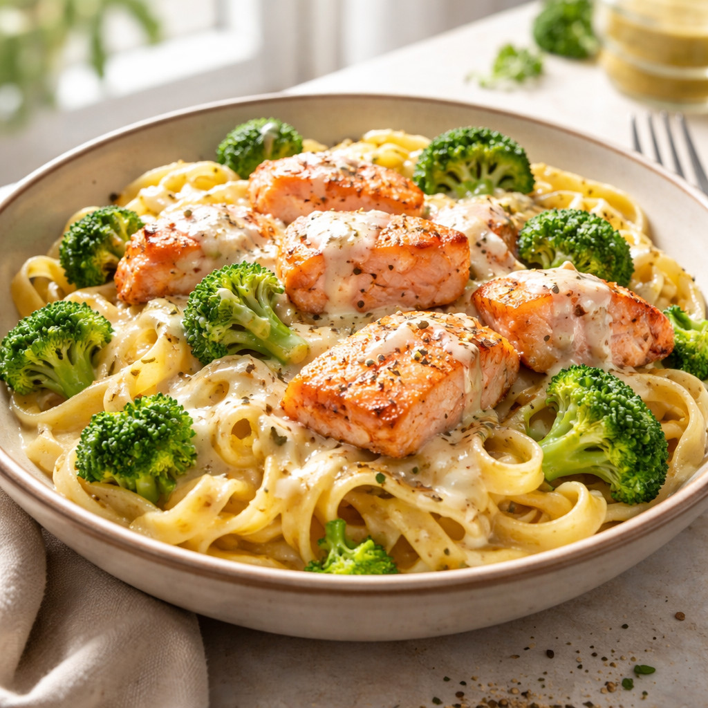Fettuccine au filet de saumon et brocoli