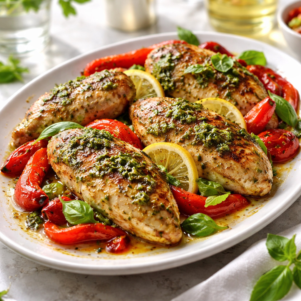 Poulet grillé avec pesto et poivrons rouges rôtis