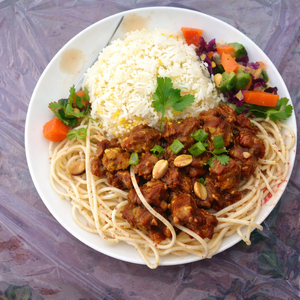 Filet de poulet chinois avec riz et pâtes