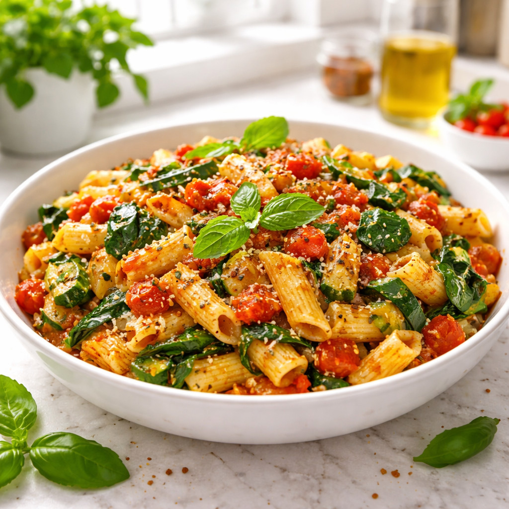 Pâtes aux légumes et sauce rouge
