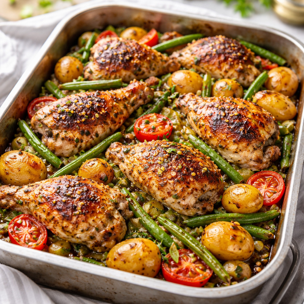 Plat de poulet rôti avec pommes de terre et haricots verts