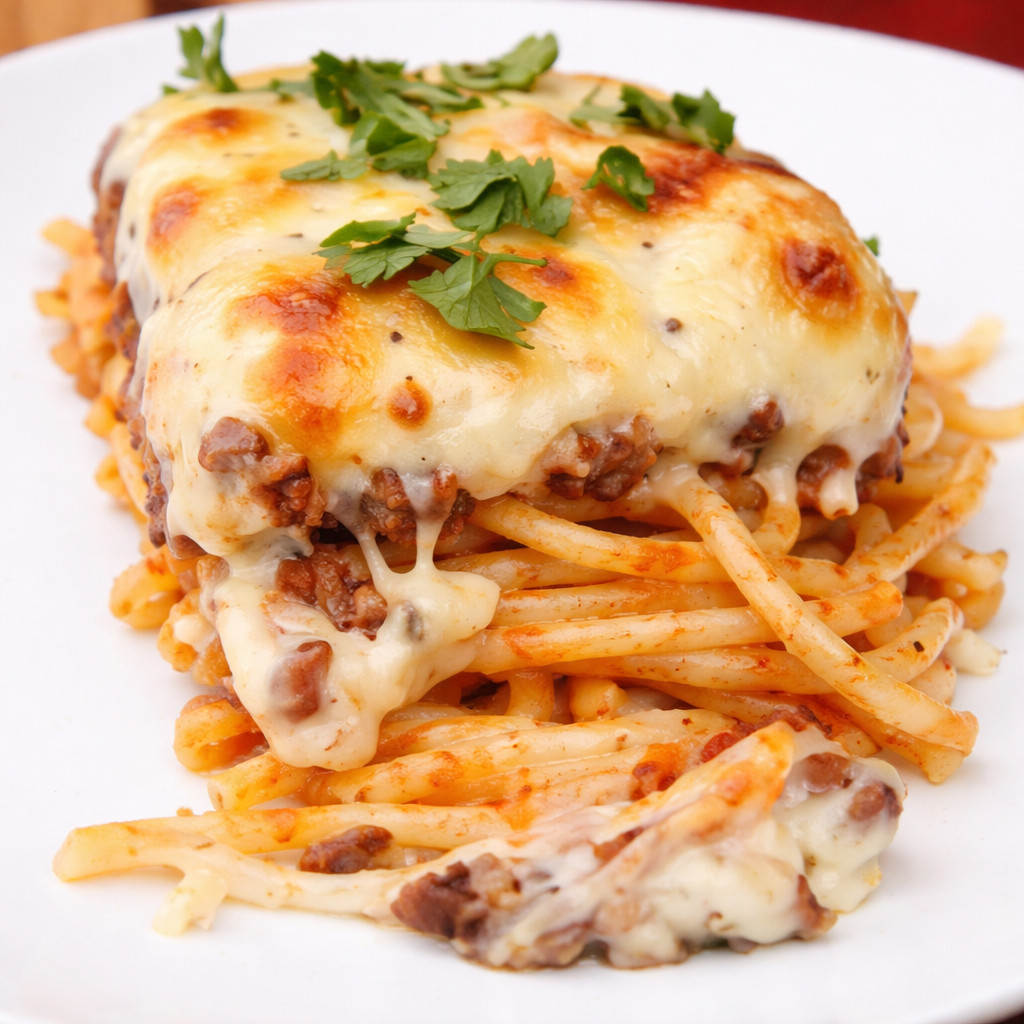 Spaghetti à la viande hachée et sauce au four