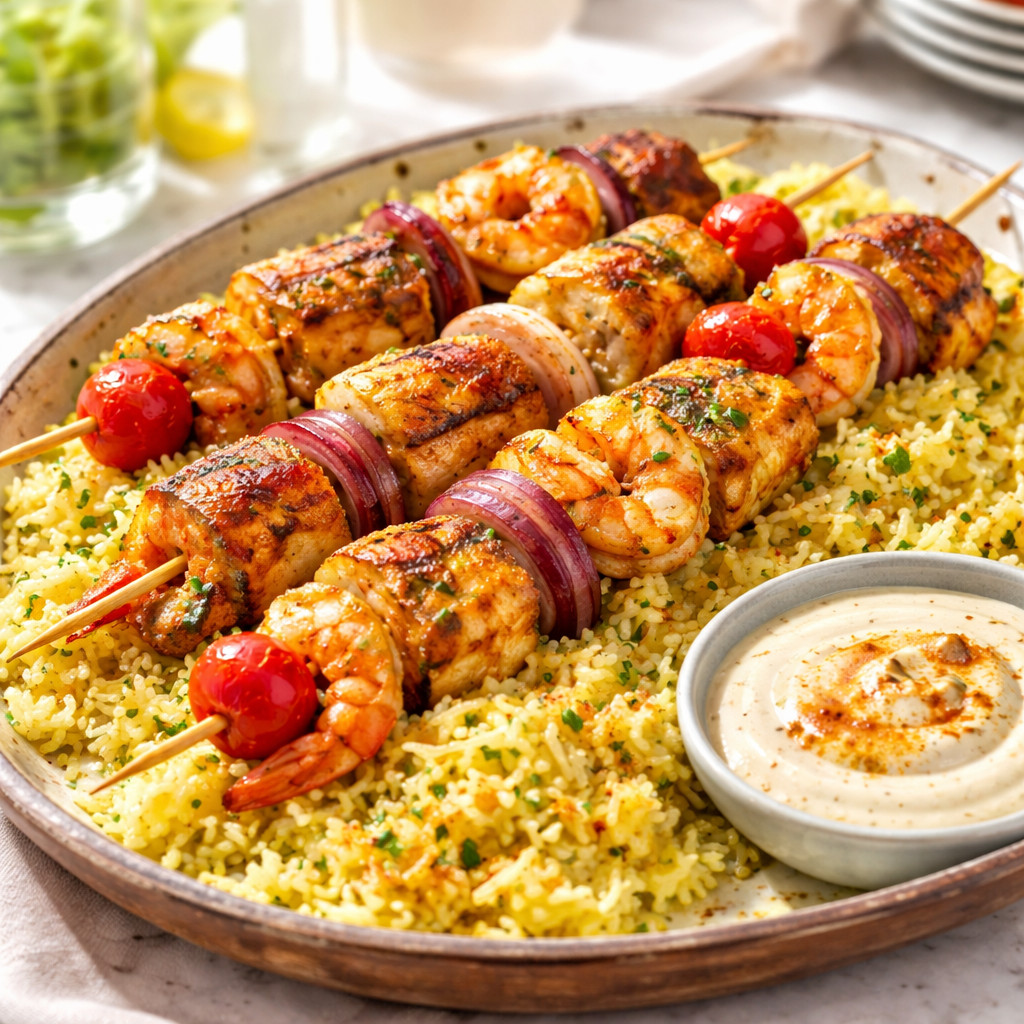 Kebab de poisson avec du riz