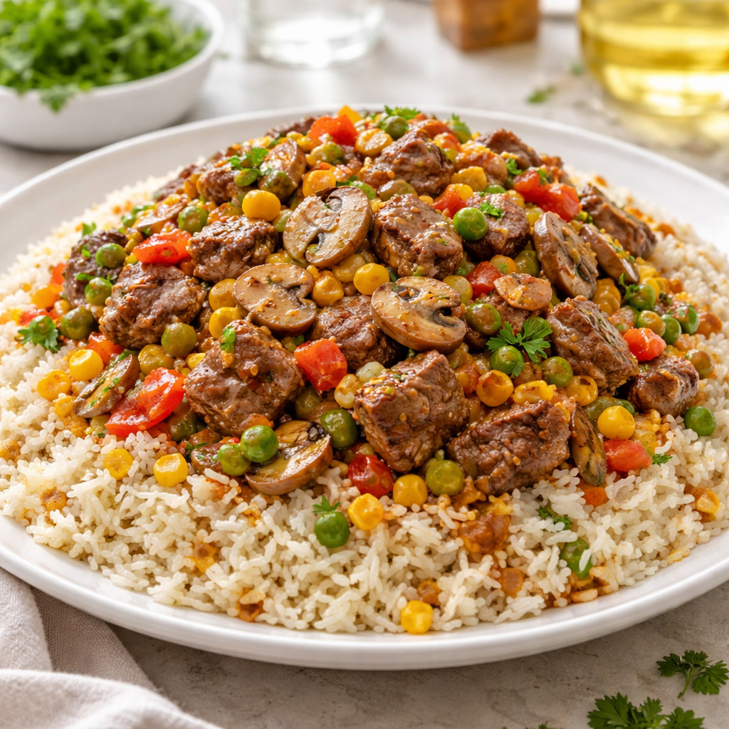 Rice with Mushroom Sauce, Meat, and Vegetables