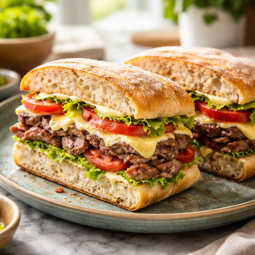 Sandwich de steak de viande grillée avec pain ciabatta