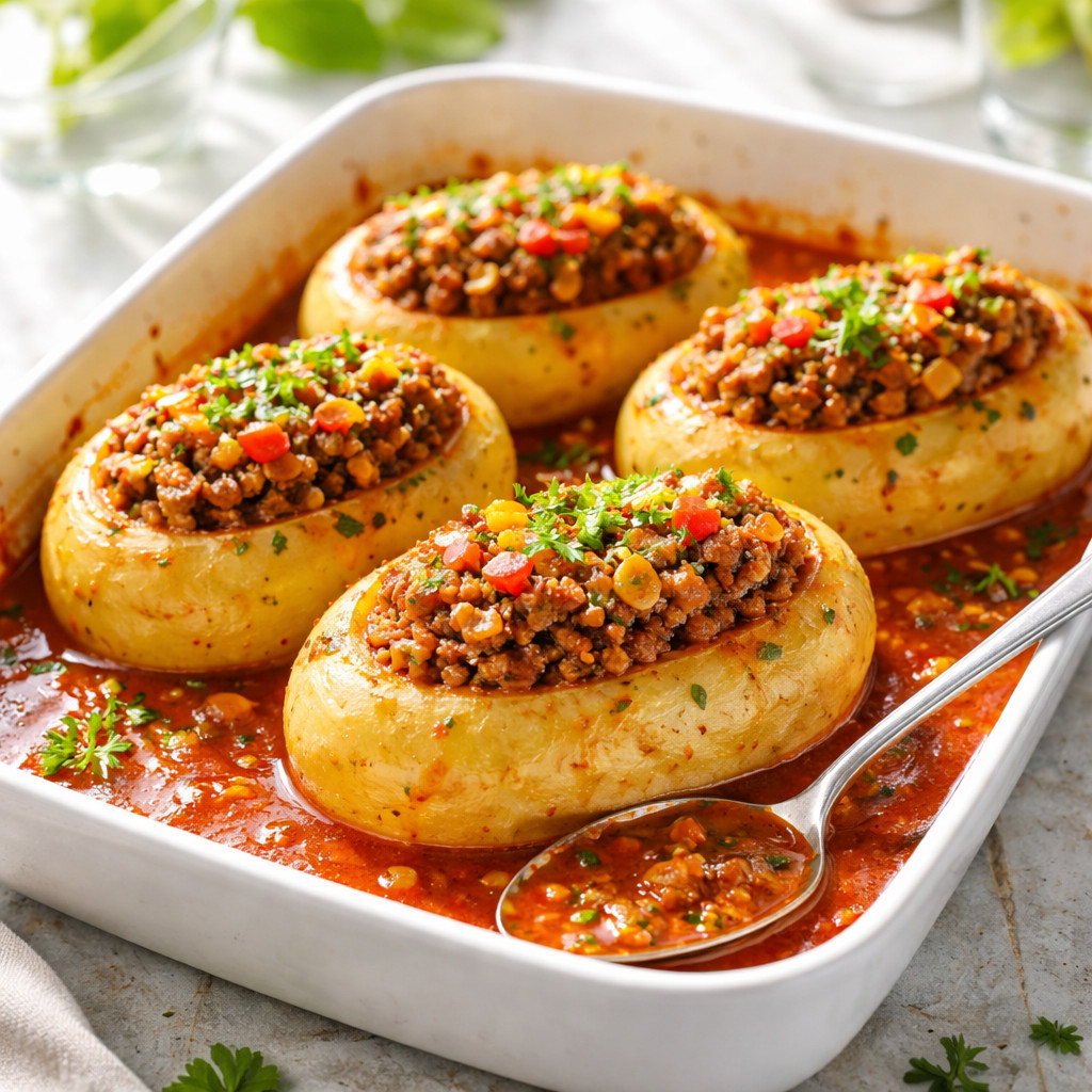Stuffed Potatoes with Meat in the Oven