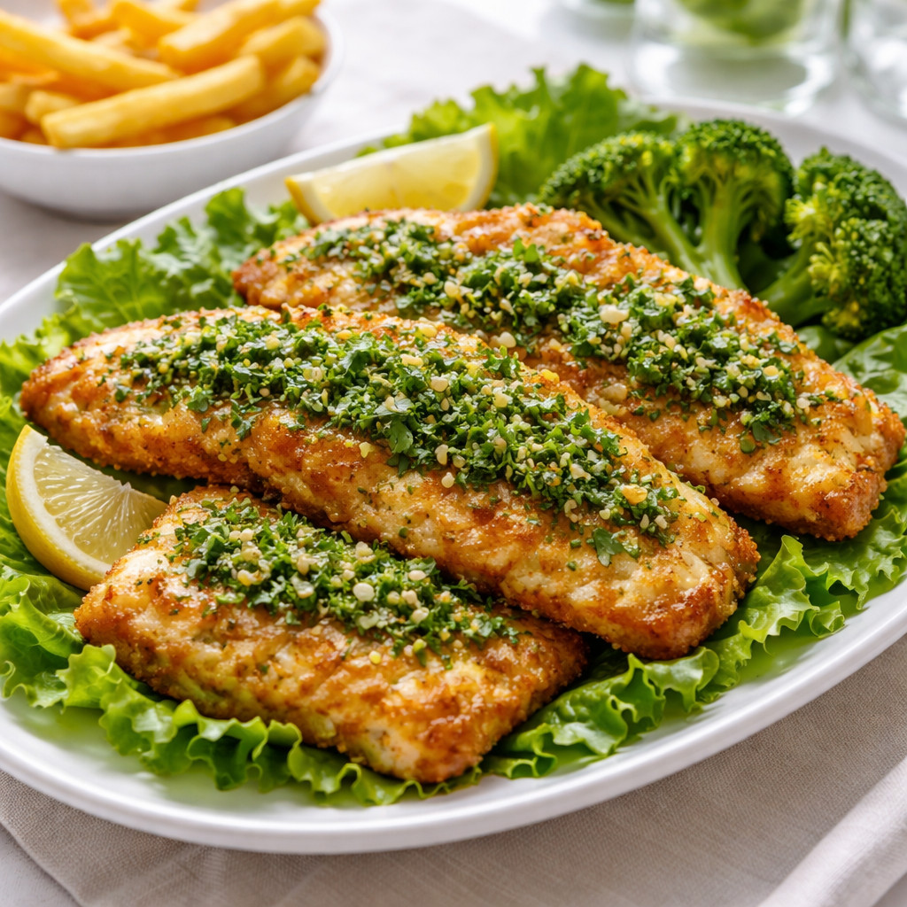 Breaded Hamour Fish Fillets with Cilantro and Garlic