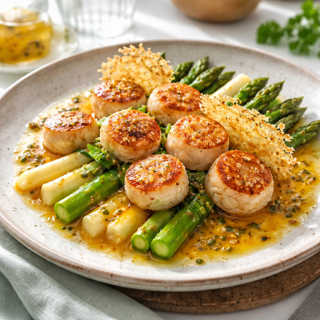 Coquilles Saint-Jacques aux asperges et sauce fruit de la passion