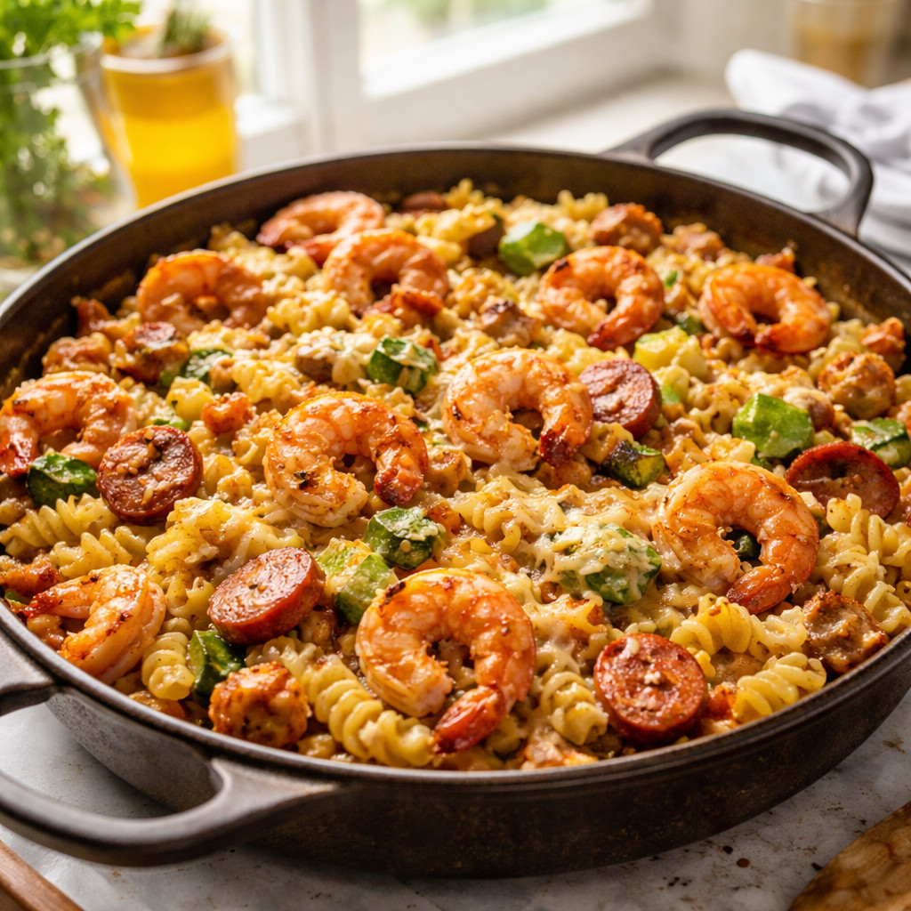Pâtes aux crevettes et saucisses épicées