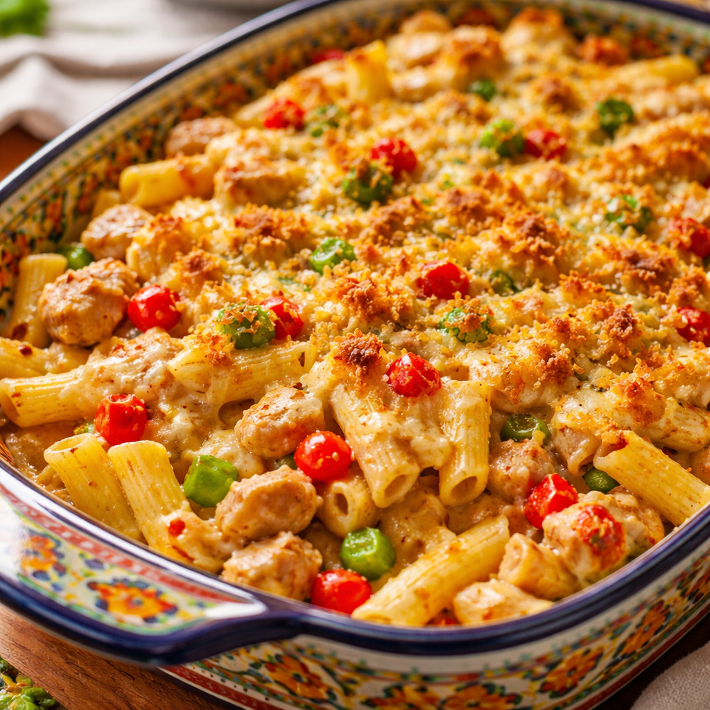 Plat de pâtes au poulet et poivrons