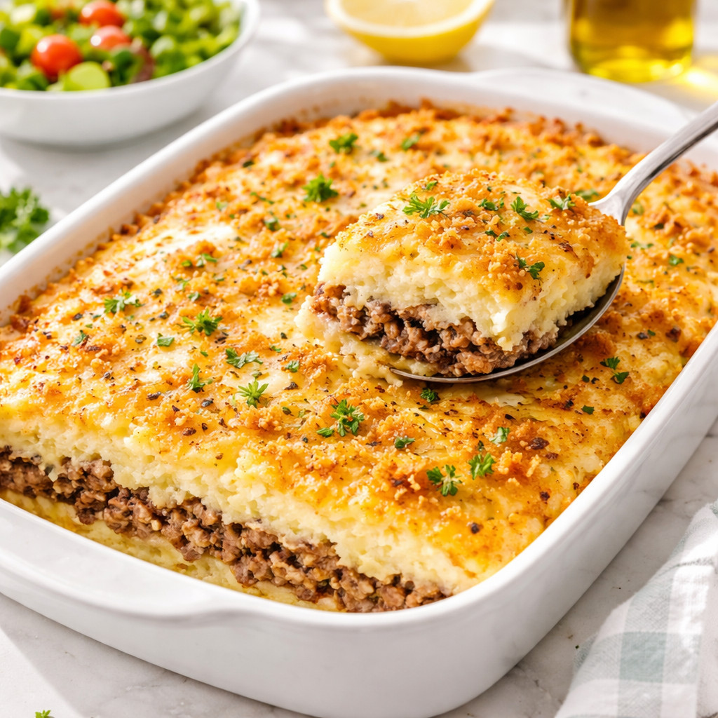 Baked Mashed Potatoes with Ground Beef