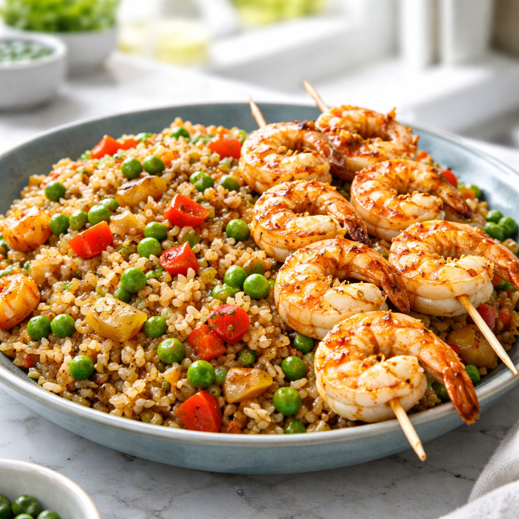 Riz brun aux légumes avec brochettes de crevettes