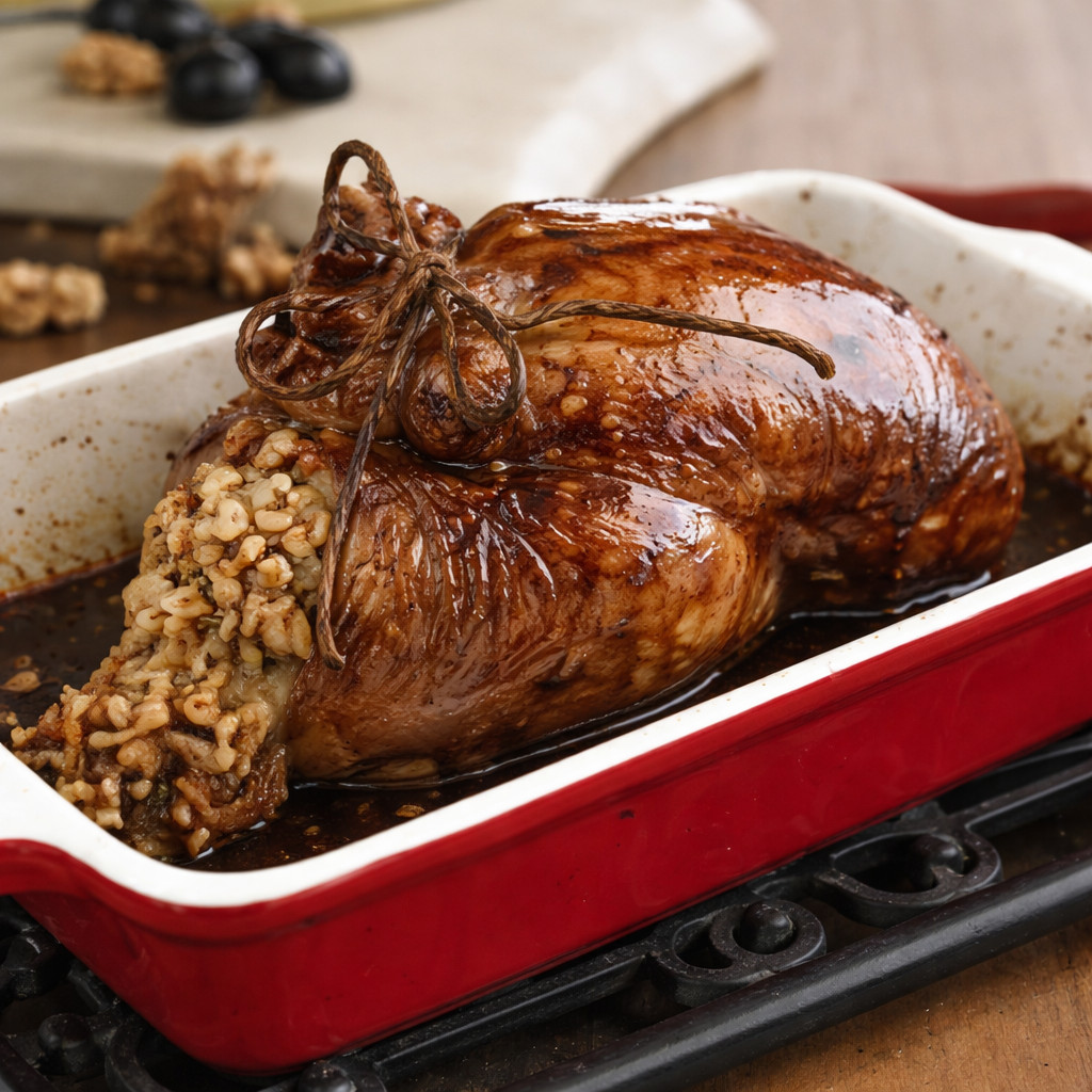 Roasted Chicken Glazed with Pomegranate Molasses and Stuffed with Freekeh