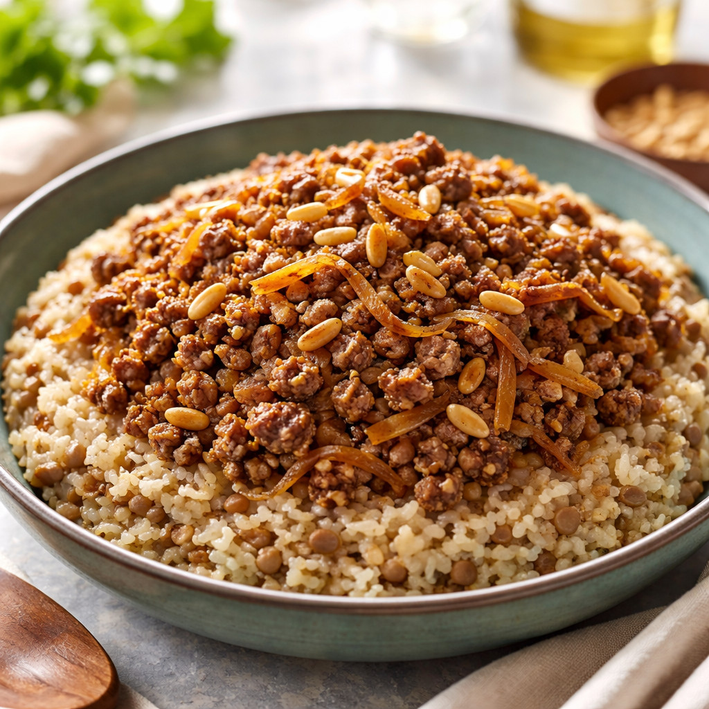Mujadara avec viande et pignons de pin