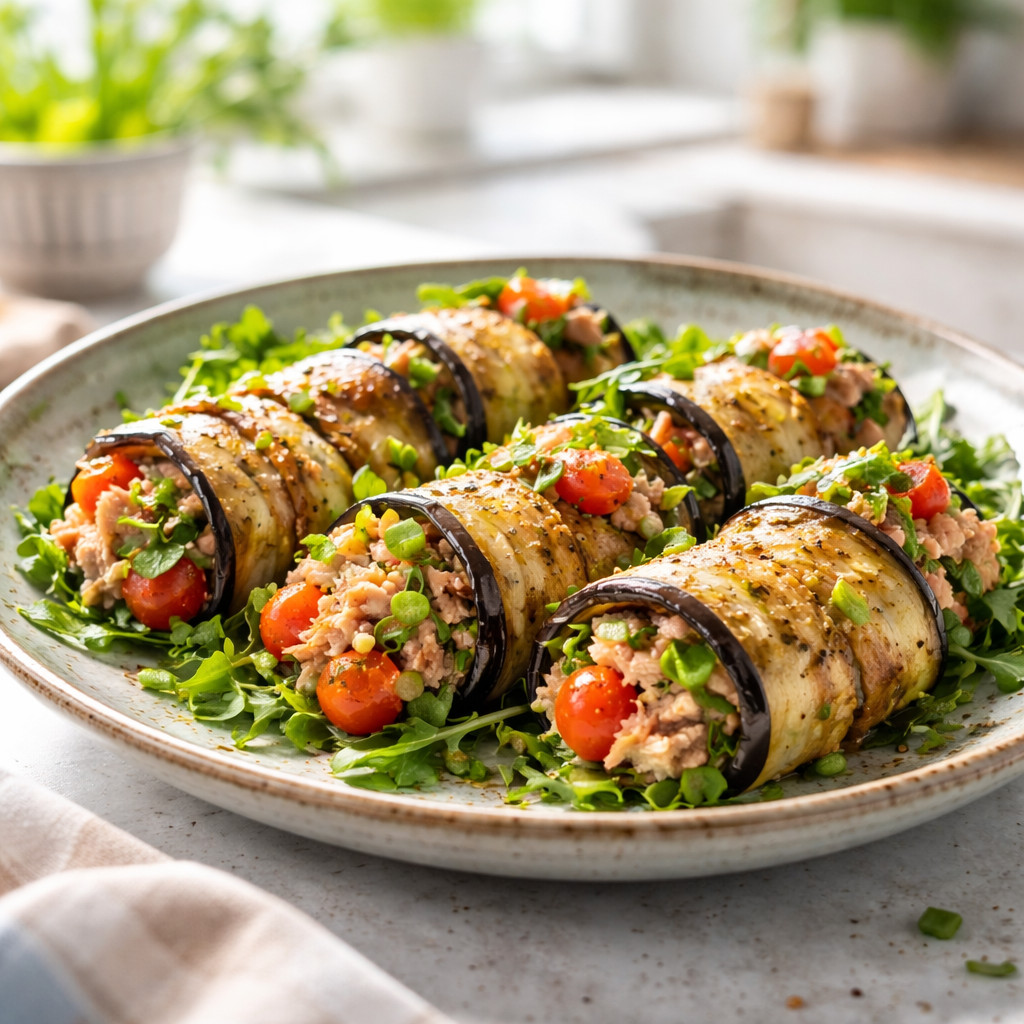 Grilled Eggplant Rolls with Tuna and Watercress